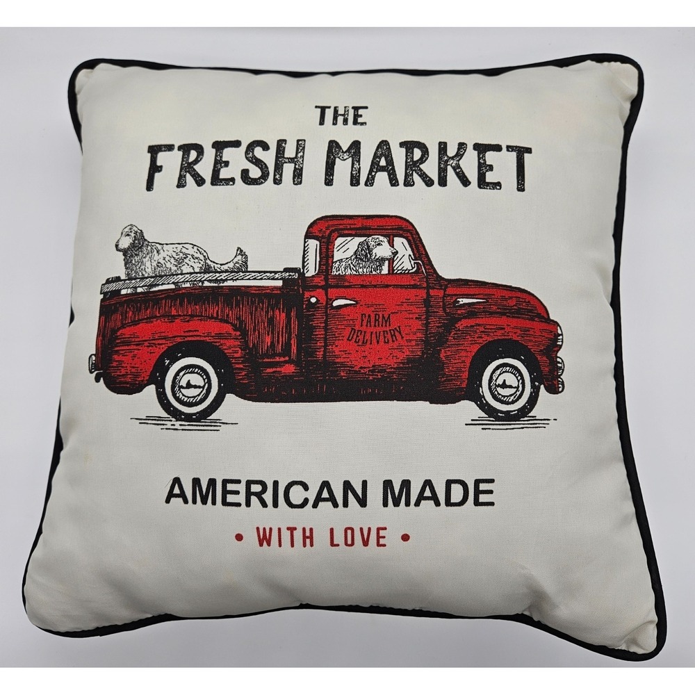 The Fresh Market Vintage Red Truck Dog Farmhouse‎ Throw Pillow 12x12 Reversible